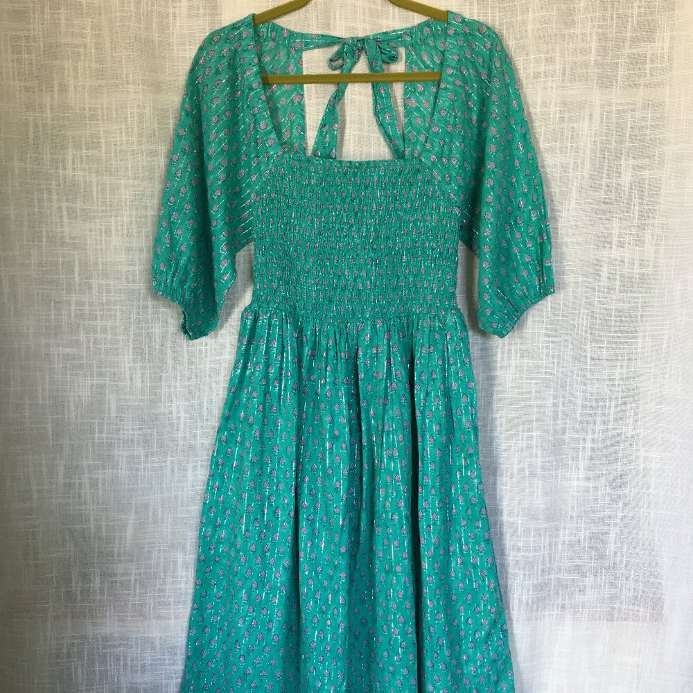 Dilli Grey Midi Dress Size 10 Smocked bodice Tie Back